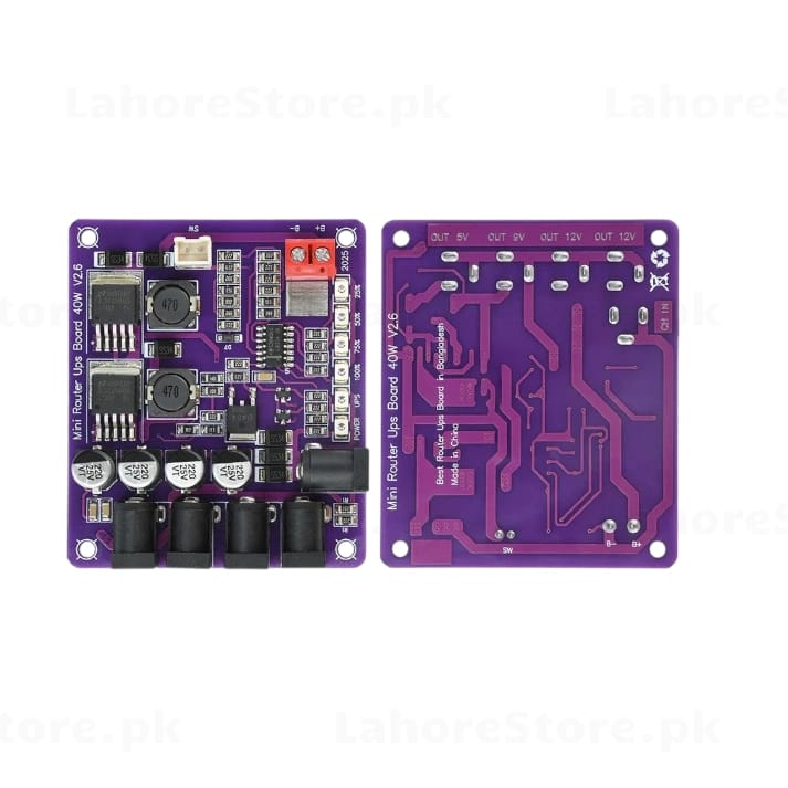 Mini Router UPS Board 40W V2.6 angled view showing barrel jack outputs and battery terminal