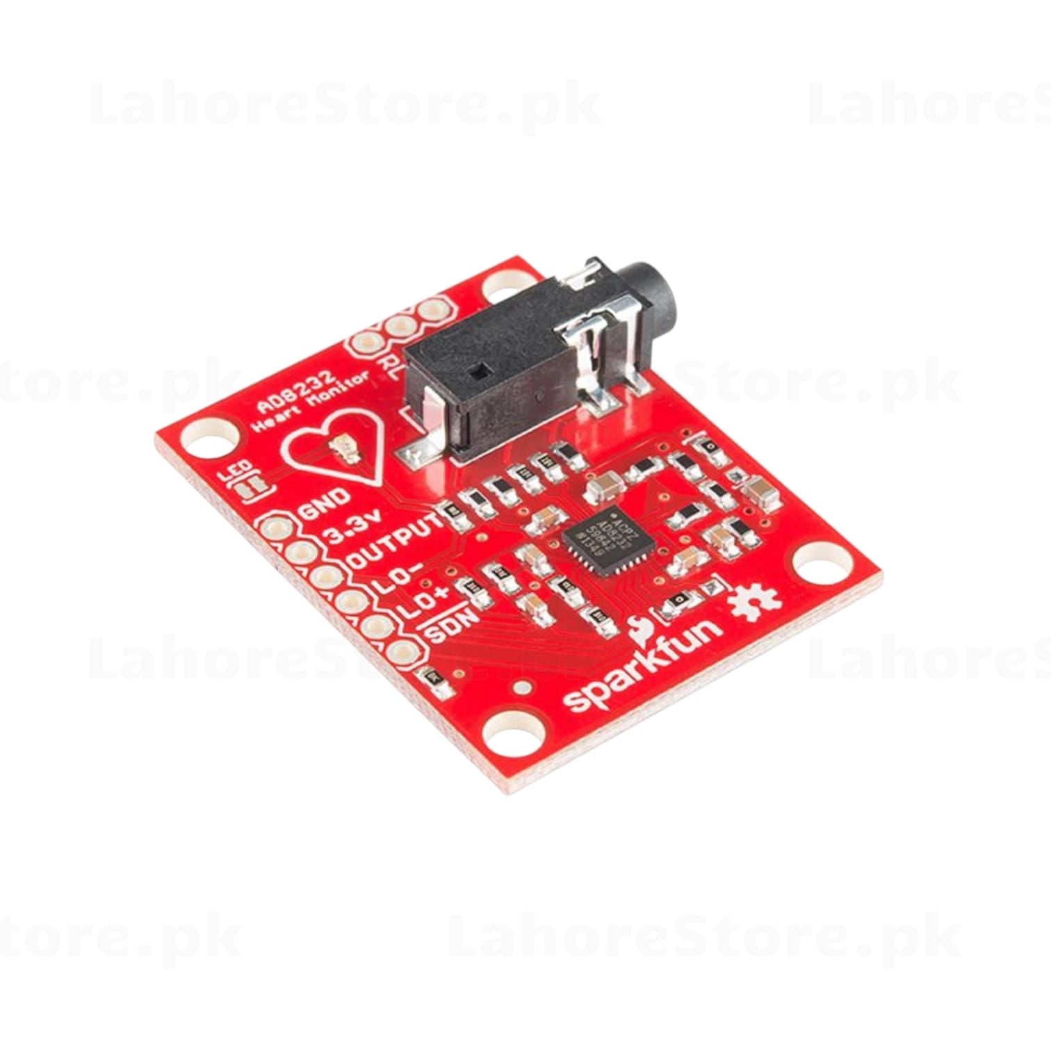 SparkFun AD8232 Heart Monitor ECG Sensor Module red PCB with 3.5mm jack and breakout pins