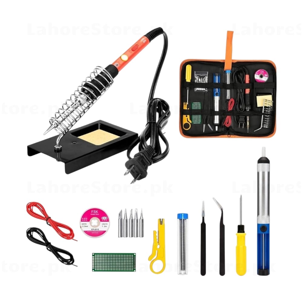 60W Adjustable Soldering Iron Kit complete set with stand solder tips tweezers desoldering pump breadboard and carry case