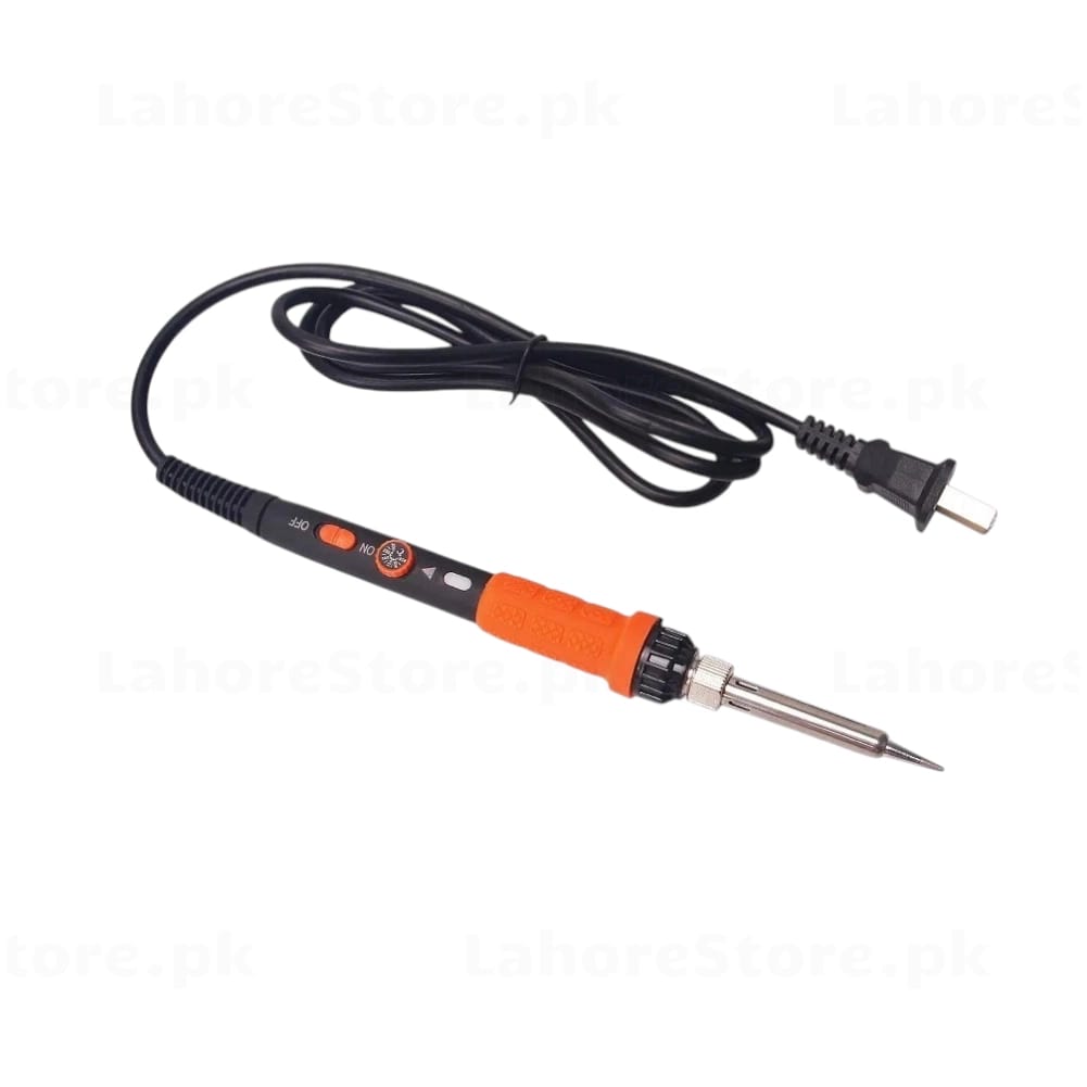 60W adjustable temperature soldering iron with orange handle ON/OFF switch and replaceable tip close-up