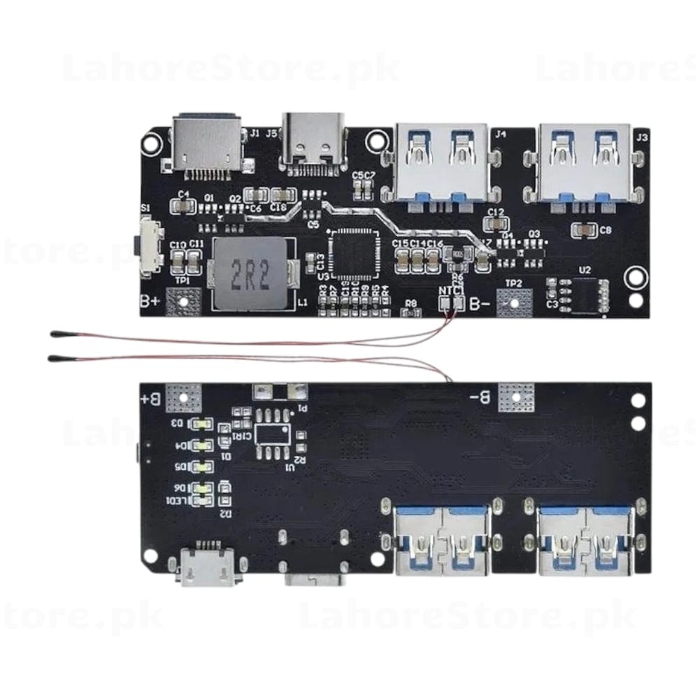 Power Bank PCB Module front and back view showing dual USB-A output USB-C Micro USB input and B+ B- battery pads