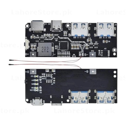 Power Bank PCB Module front and back view showing dual USB-A output USB-C Micro USB input and B+ B- battery pads
