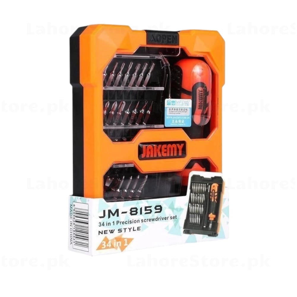 JAKEMY JM-8159 34-in-1 precision screwdriver set open case showing all 33 bits and anti-slip handle