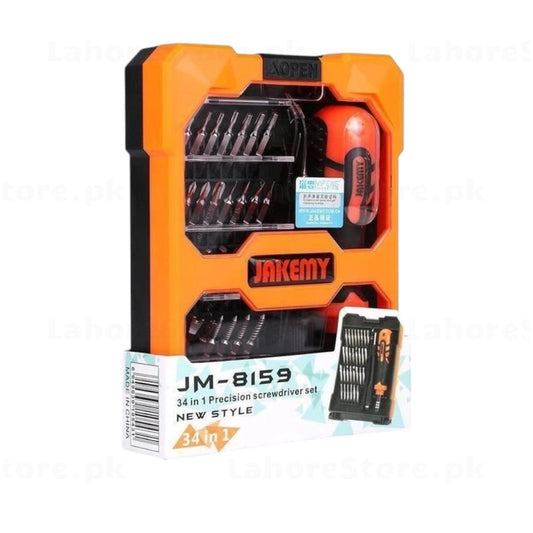 JAKEMY JM-8159 34-in-1 precision screwdriver set open case showing all 33 bits and anti-slip handle