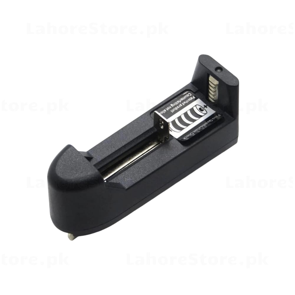 Single-slot 18650 Li-ion battery charger holder with spring contact and polarity marking