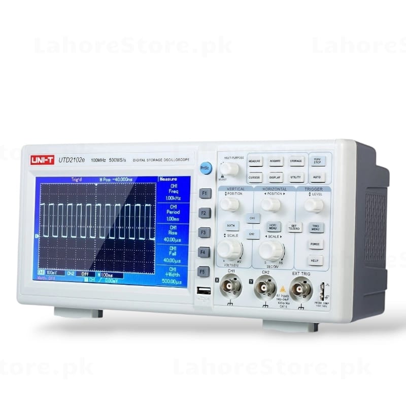 UNI-T UTD2102E oscilloscope with probes, cables, manual and software disc