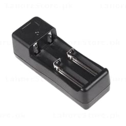 Dual slot 18650 Li-ion charger back view showing compatible battery types label and CE certification markings