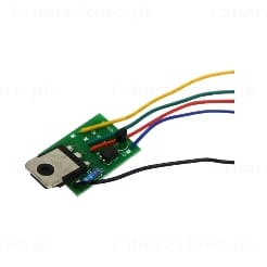 PWM DC Motor Speed Controller Module angled view showing TO-220 MOSFET body and wire lead connections