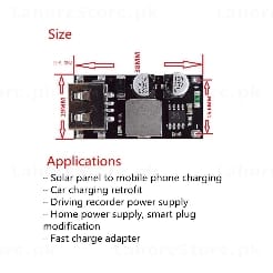 QC3.0 Fast Charge USB Buck Converter Module size diagram and applications chart showing solar car recorder and smart plug use cases