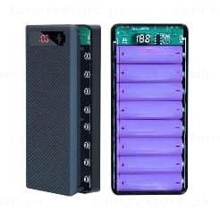 10x 18650 DIY Power Bank Case transparent clear variant open showing 18650 cells installed and PCB circuit board