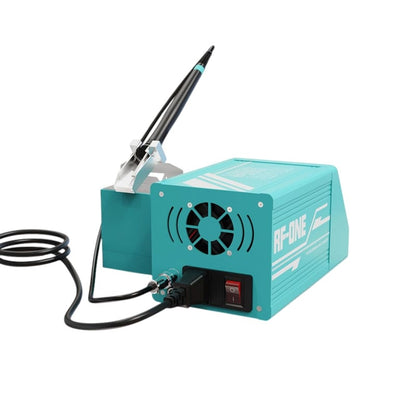 RF4 RF-ONE soldering station side angle view showing RF-ONE branding iron holder and slim handle resting on station
