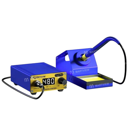 MECHANIC T12 Pro soldering station front view with digital LED display rotary temperature dial and yellow blue iron handle on stand