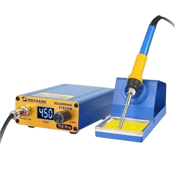 MECHANIC T12 Pro soldering station side angle view showing station unit iron stand sponge tray and iron handle