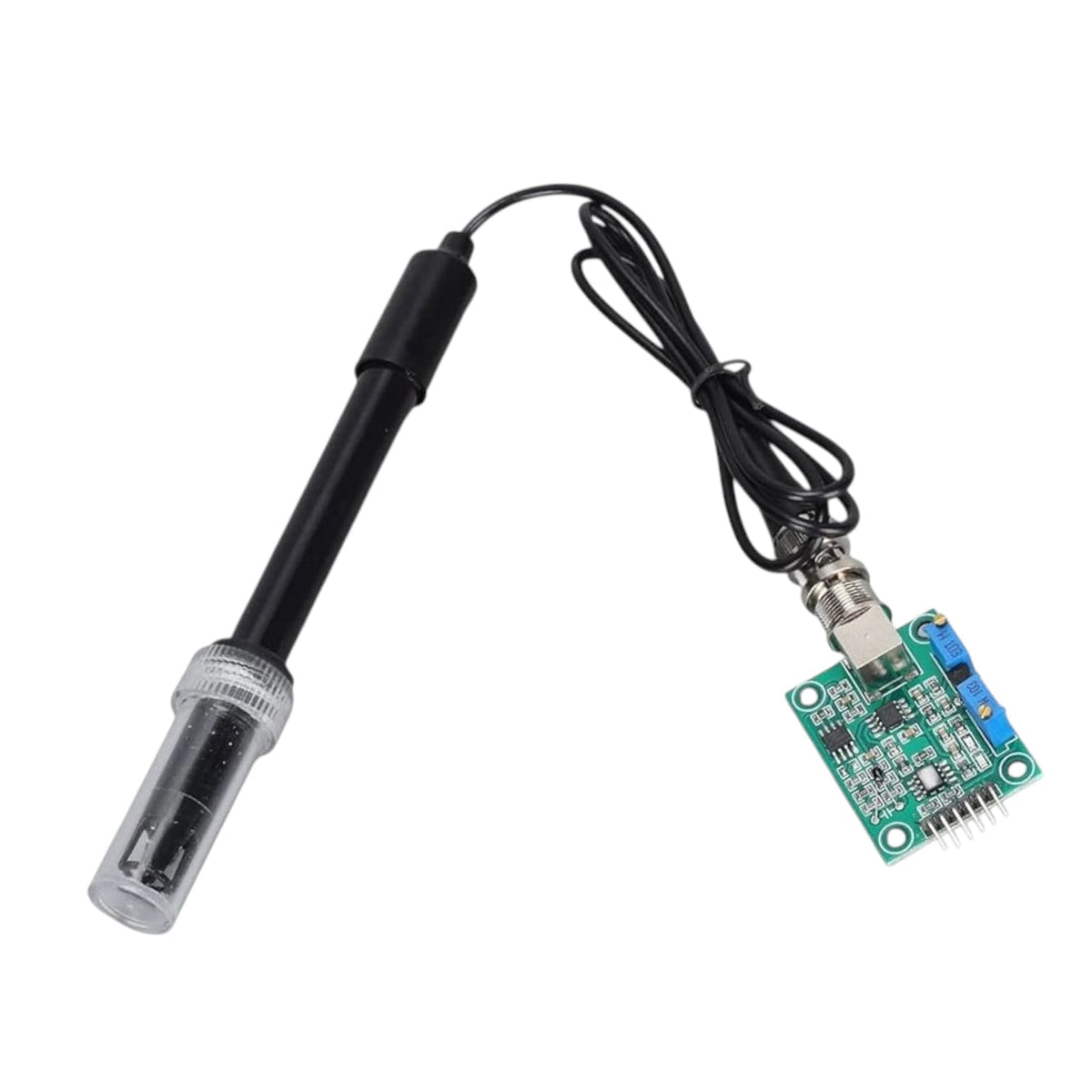 pH electrode probe and analog sensor module with BNC connector cable and green signal conditioning PCB