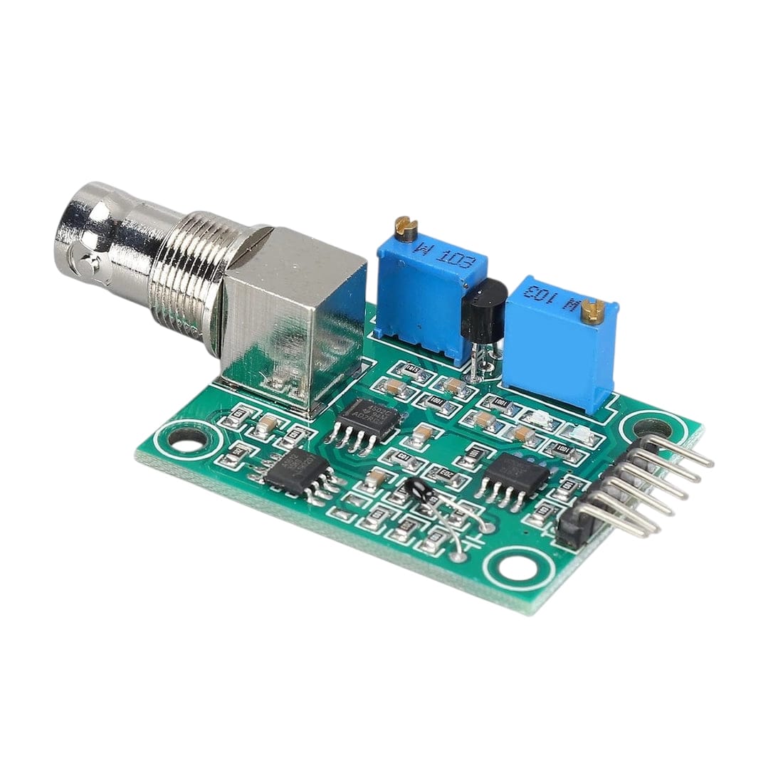 pH sensor module close-up showing BNC socket dual trimpots op-amp ICs and 5-pin header on green PCB