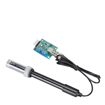 pH electrode probe full view showing glass probe tip protective cap and BNC cable connected to sensor module