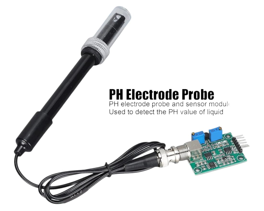 pH electrode probe and sensor module showing probe with protective cap BNC cable and PCB with PH Electrode Probe label