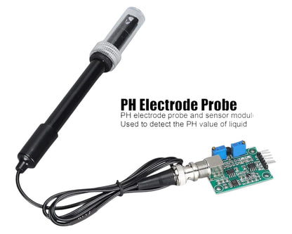 pH electrode probe and sensor module showing probe with protective cap BNC cable and PCB with PH Electrode Probe label