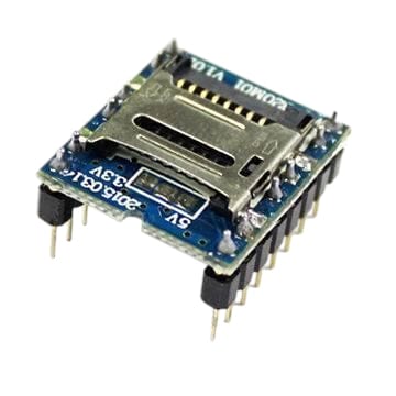 WTV020M01 audio sound module top view showing micro SD card slot WTV020 IC and DIP pin headers on blue PCB