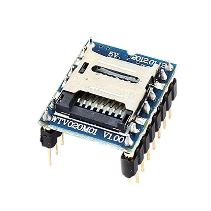 WTV020M01 audio module angled view showing micro SD slot push connector and WTV020M01 V1.00 label on blue PCB