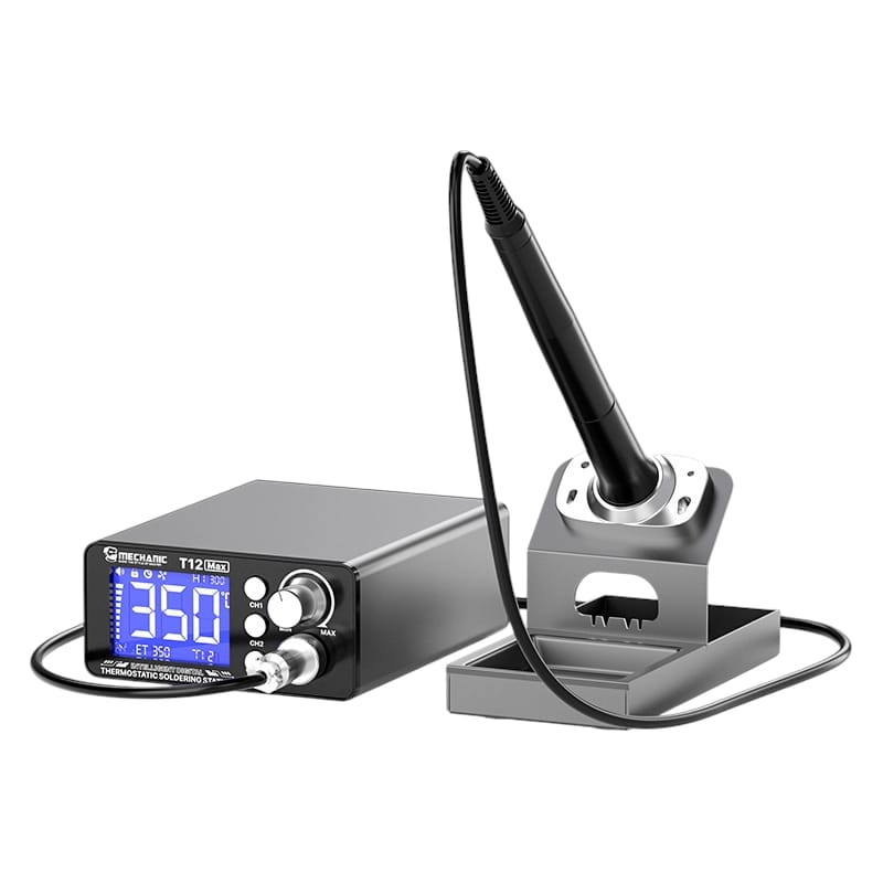 MECHANIC T12 Max dual channel soldering station with large LCD display 350C readout dual rotary knobs and aluminium iron stand