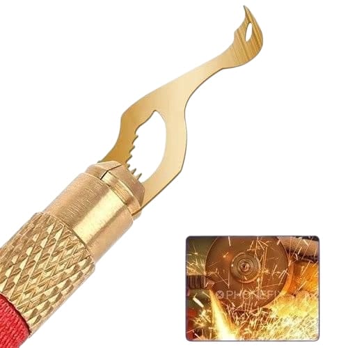 MECHANIC 004 close-up of gold tapping blade mounted in brass chuck and red knurled aluminium handle