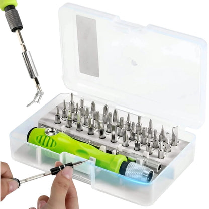 32-in-1 precision screwdriver bit set with green handle flexible extension and 32 bits in clear plastic carry case