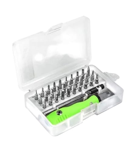 32-in-1 precision screwdriver set in clear carry case top view showing all 32 bit profiles
