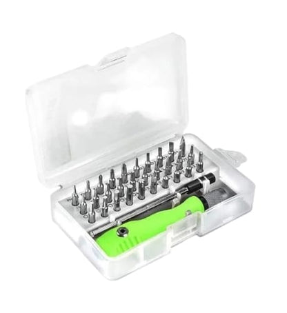 32-in-1 precision screwdriver set in clear carry case top view showing all 32 bit profiles