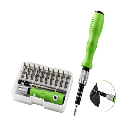 32-in-1 precision screwdriver set green handle with knurled metal shaft and flexible extension alongside carry case