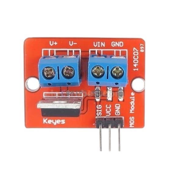 Keyes IRF520 MOSFET driver module red PCB with blue screw terminals V+ V- VIN GND and 3-pin SIG VCC GND control header