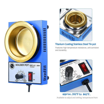 SWDT-41C 300W solder pot angled view showing titanium coated tin bowl rotary temperature dial and red ON OFF rocker switch on blue steel enclosure