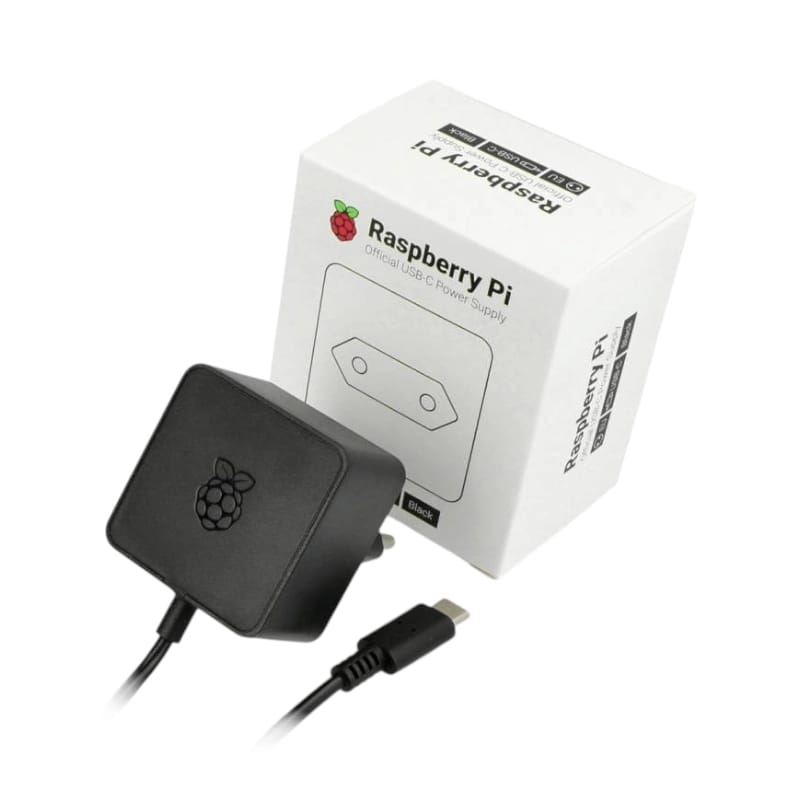 Official Raspberry Pi USB-C Power Supply black with Raspberry Pi logo and original retail packaging box